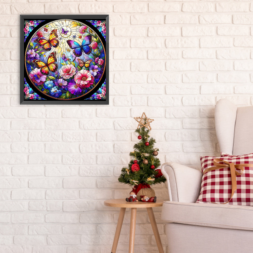 Glass Wind Butterfly And Flower - Full Round Drill Diamond Painting 30*30CM