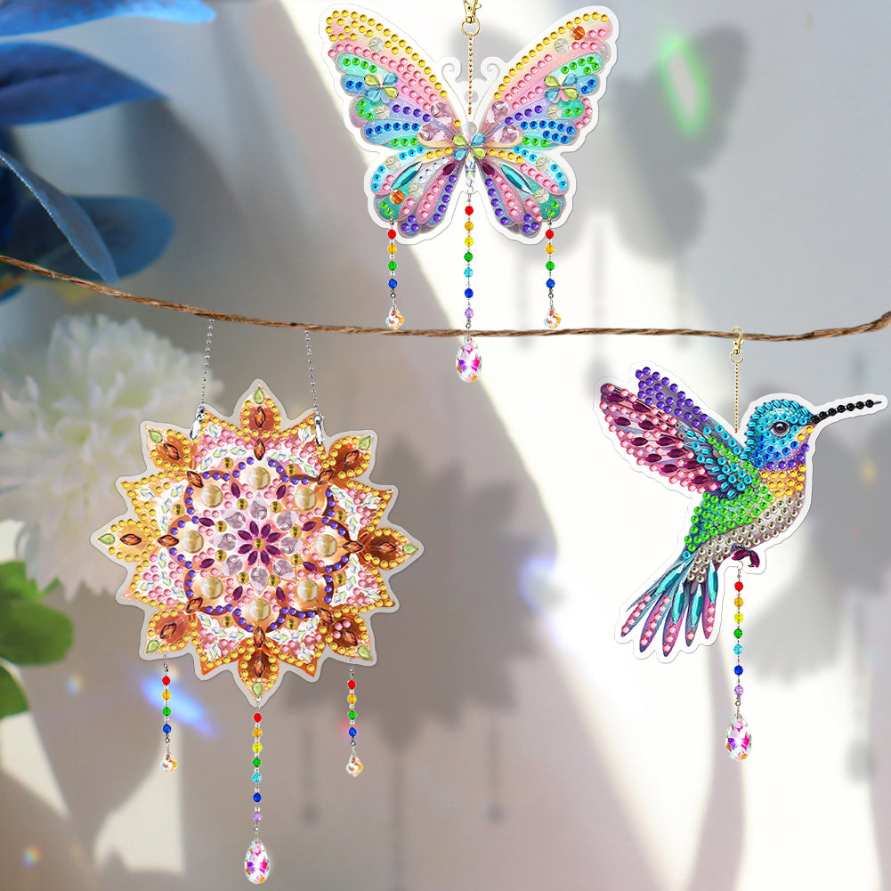 3Pcs Acrylic Double Sided Flower Animal Hanging Diamond Art Painting Suncatchers