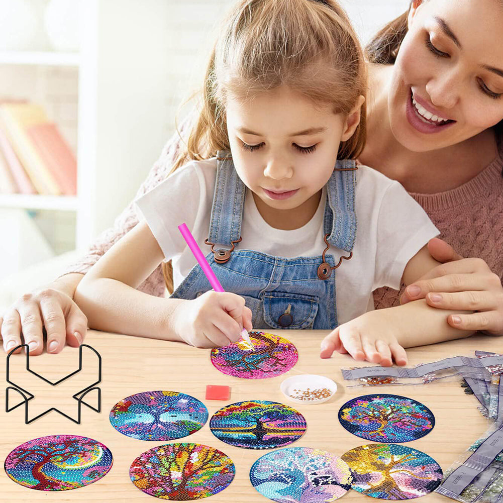8Pcs Tree of Life Diamond Painting Coasters with Holder for Party Decor