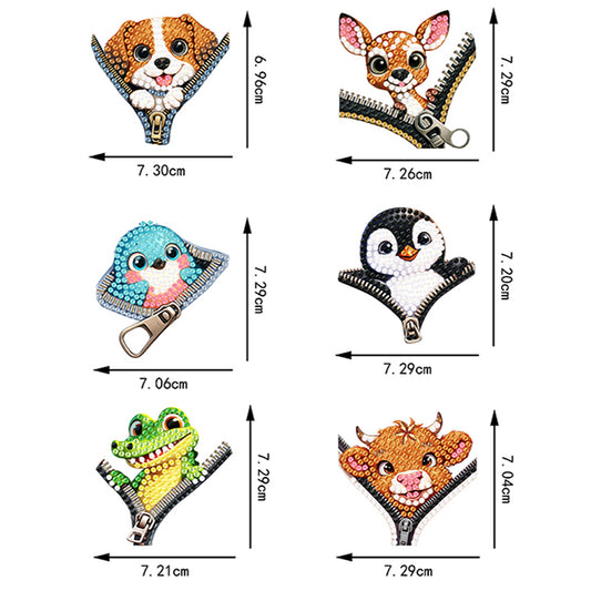 6Pcs Acrylic Double Sided Zipper Animal Diamond Painting Keychain DIY Decor