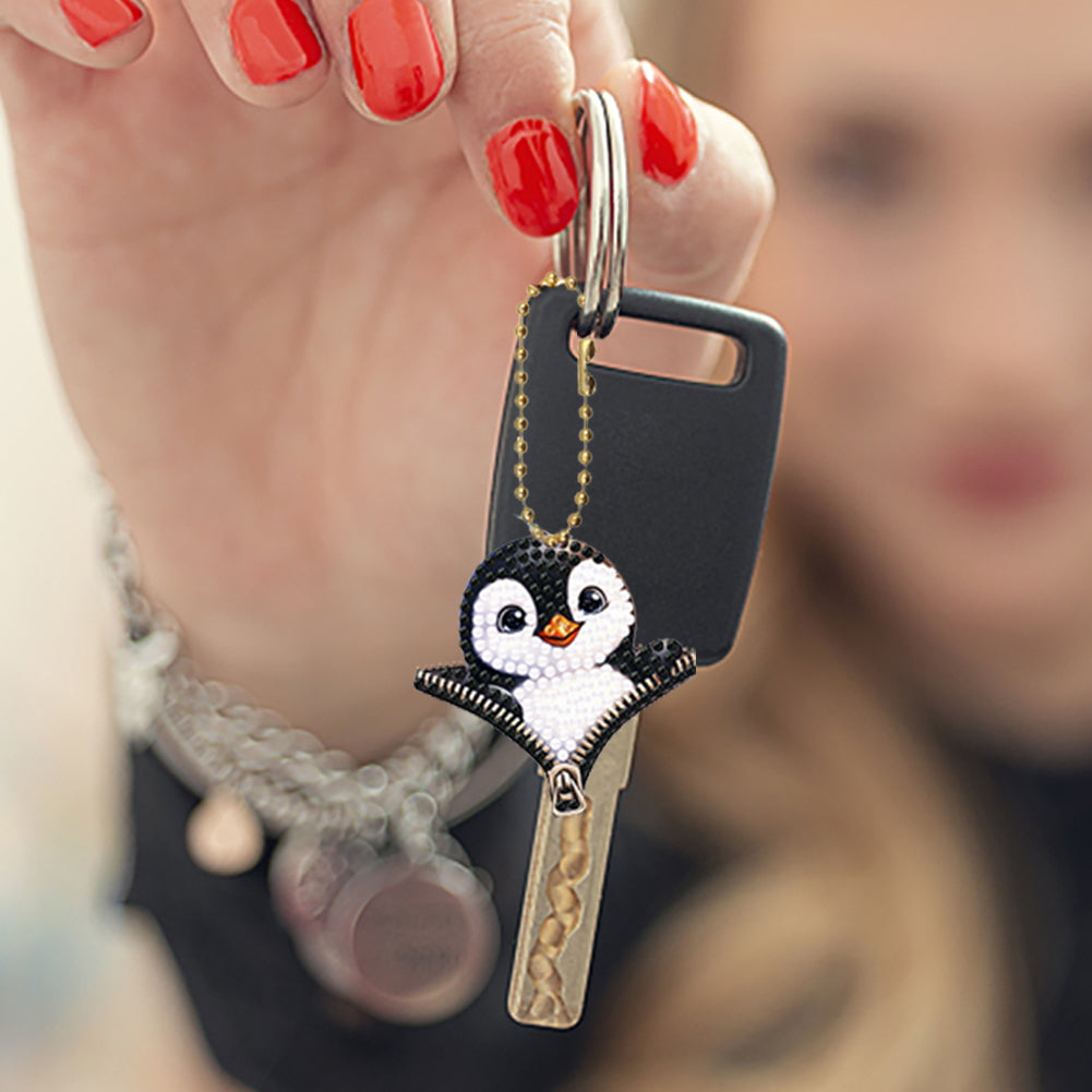 6Pcs Acrylic Double Sided Zipper Animal Diamond Painting Keychain DIY Decor