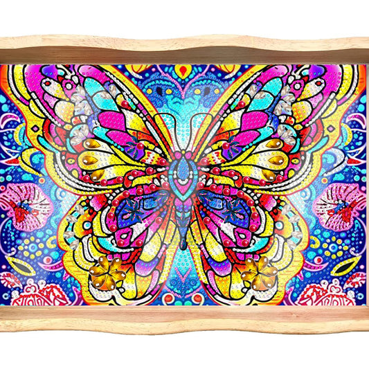 Wooden Butterfly Pattern 5D DIY Diamond Painting Table Serving Tray with Handle