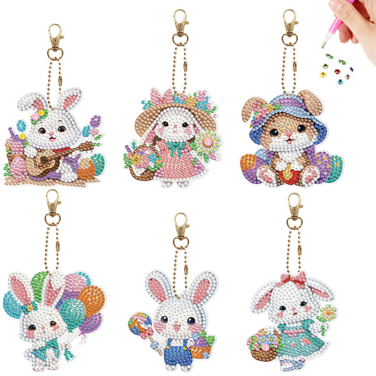 6Pcs PVC Double Sided Special Shaped Cute Bunny Diamond Painting Art Keychain