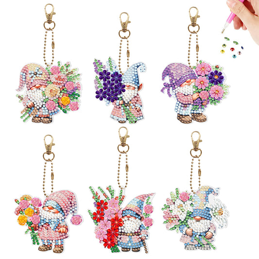 6Pcs PVC Double Sided Special Shaped Flower Goblin Diamond Painting Art Keychain