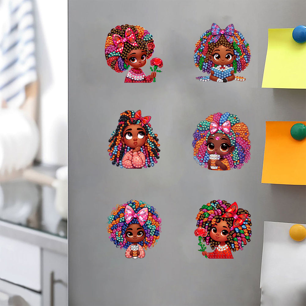 6Pcs Acrylic Special Shape Curly-Haired Girl Diamond Painting Fridge Magnet