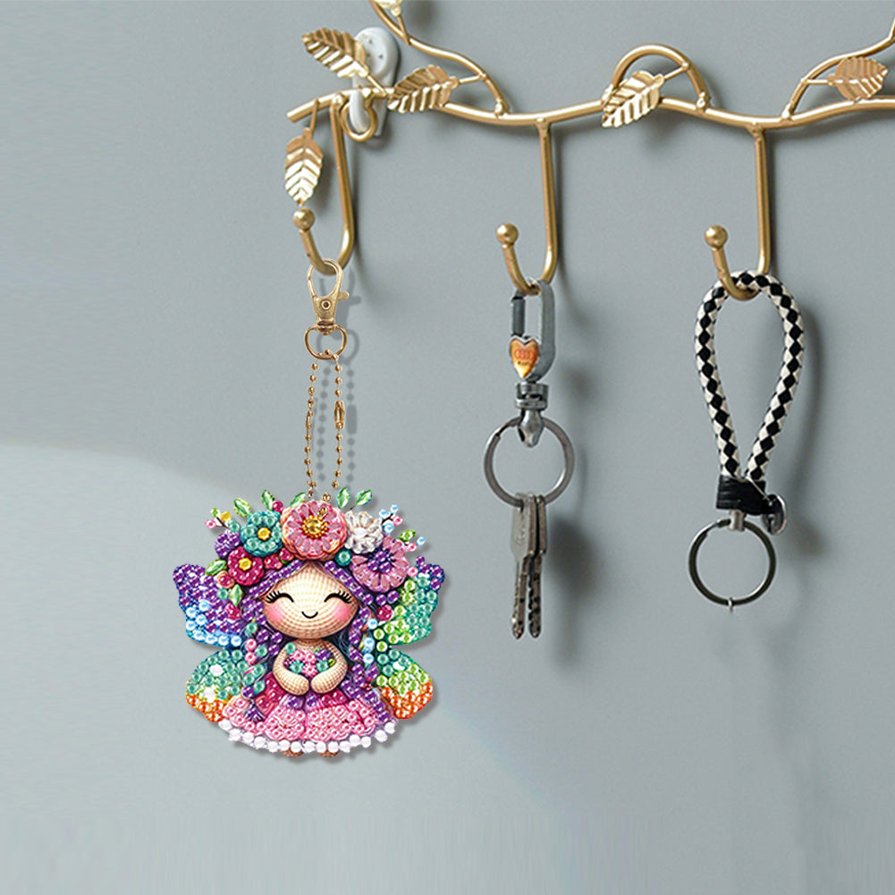 6Pcs Double Sided Flower Elf Girl Diamond Painting Art Keychain Pendant DIY Art