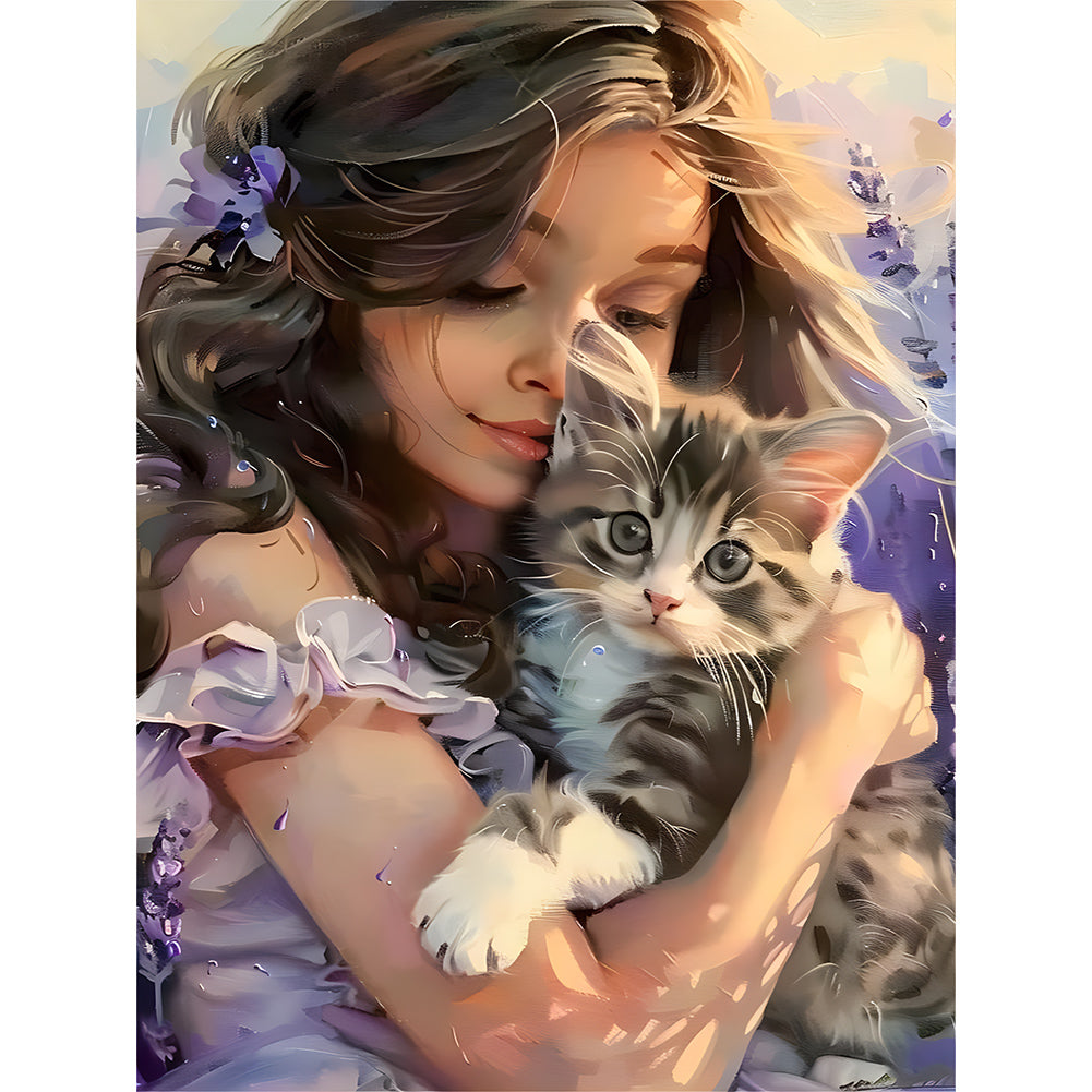 Girl Kitten - Full Round Drill Diamond Painting 30*40CM
