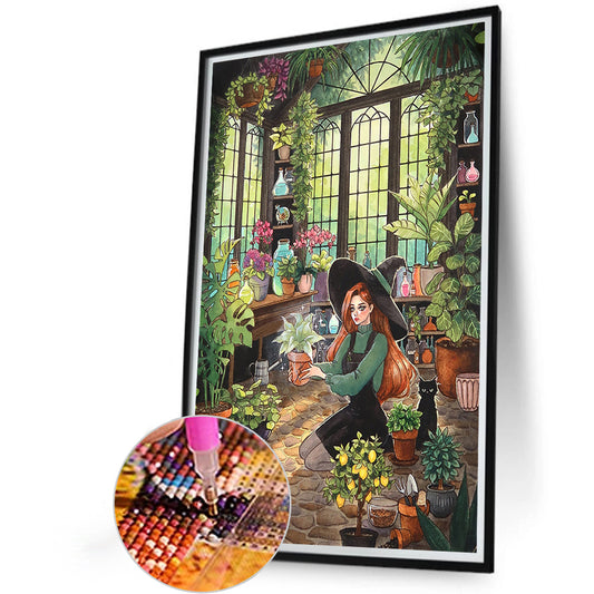 Botanical Garden Girl And Black Cat - Full Round Drill Diamond Painting 40*60CM