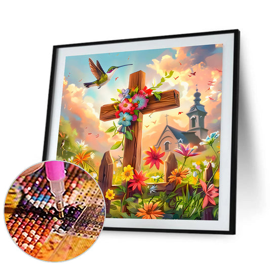 Flower Cross Hummingbird Church - Full Round Drill Diamond Painting 30*30CM