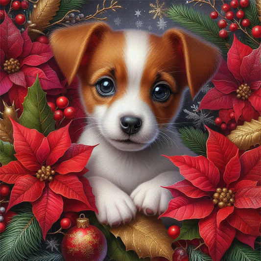 Christmas Poinsettia Dog - Full AB Square Drill Diamond Painting 40*40CM