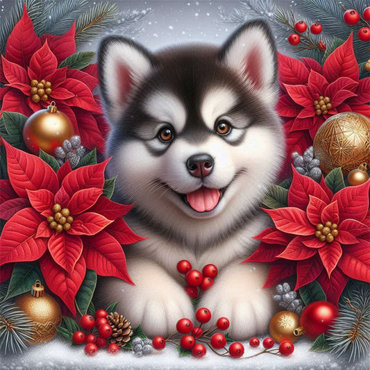 Christmas Poinsettia Dog - Full AB Square Drill Diamond Painting 40*40CM