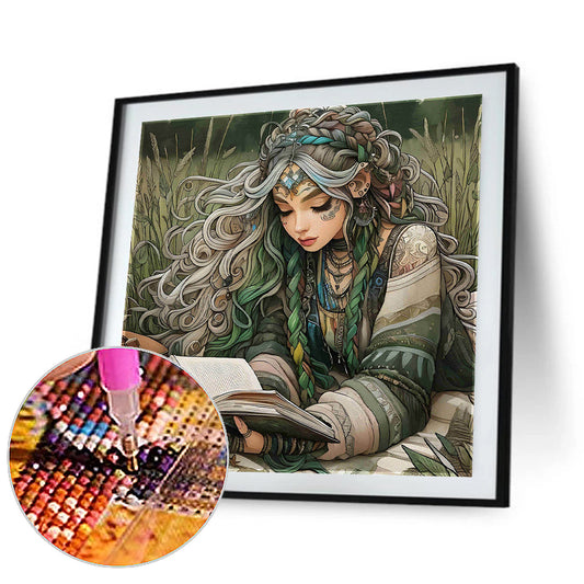 Curly-Haired Girl Reading A Book In The Grass - Full Round Drill Diamond Painting 40*40CM