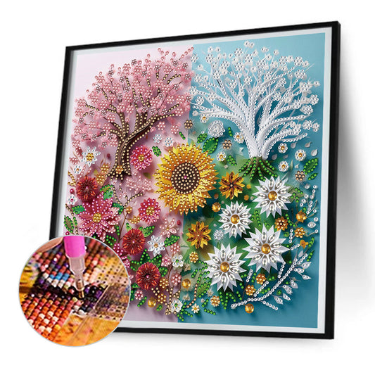 Paper-Cut Wind Pink White Tree - Partial Special-Shaped Drill Diamond Painting 30*30CM