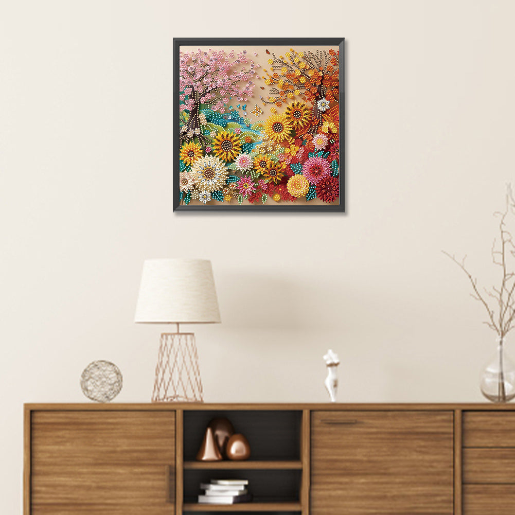 Paper-Cut Style Spring And Autumn Flowers - Partial Special-Shaped Drill Diamond Painting 30*30CM