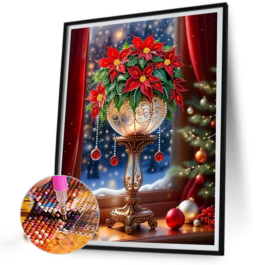 Christmas Atmosphere Windowsill Red Flowers - Partial Special-Shaped Drill Diamond Painting 30*40CM