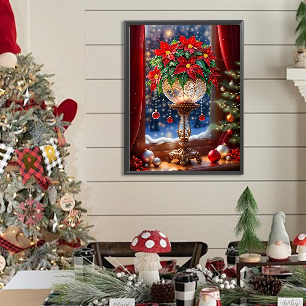 Christmas Atmosphere Windowsill Red Flowers - Partial Special-Shaped Drill Diamond Painting 30*40CM