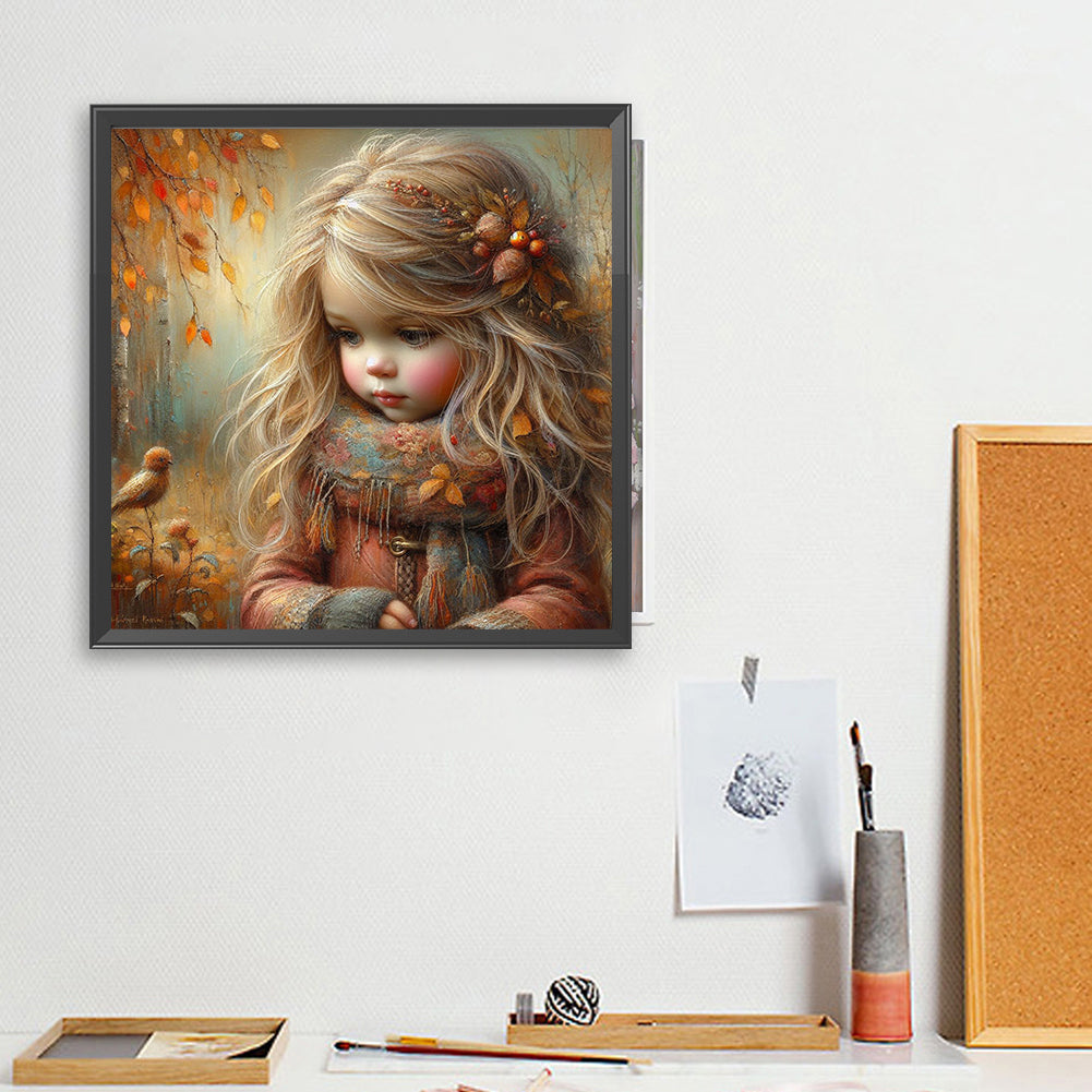 Little Girl With Falling Autumn Leaves - Full Square Drill Diamond Painting 40*40CM