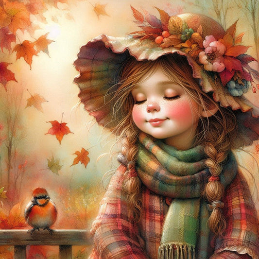 Little Girl With Falling Autumn Leaves - Full Square Drill Diamond Painting 40*40CM