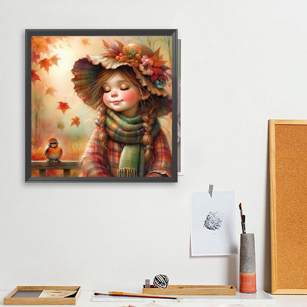 Little Girl With Falling Autumn Leaves - Full Square Drill Diamond Painting 40*40CM