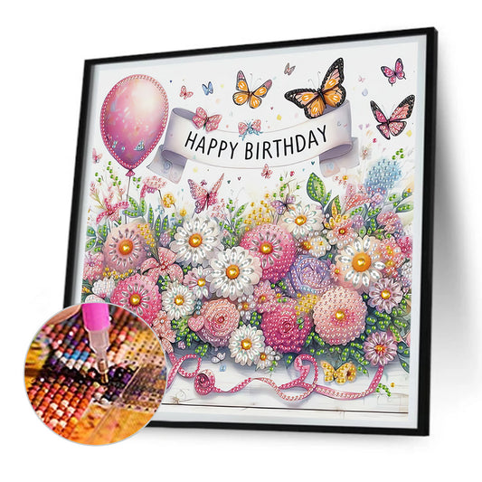 Happy Birthday Flowers And Butterflies - Partial Special-Shaped Drill Diamond Painting 30*30CM