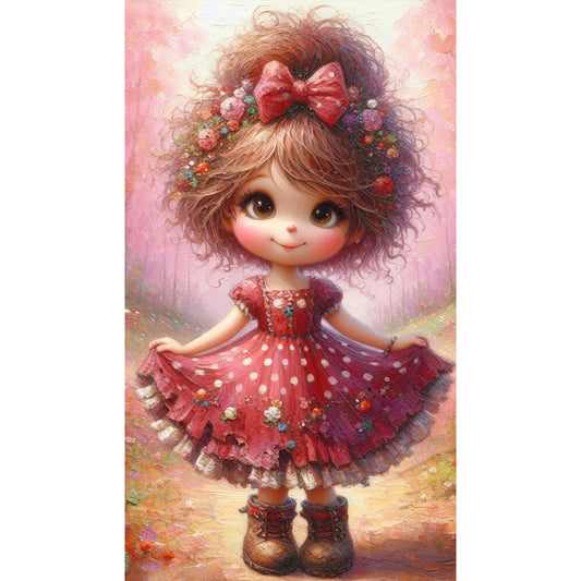 Floral Red Dress Girl - Full Round Drill Diamond Painting 40*70CM