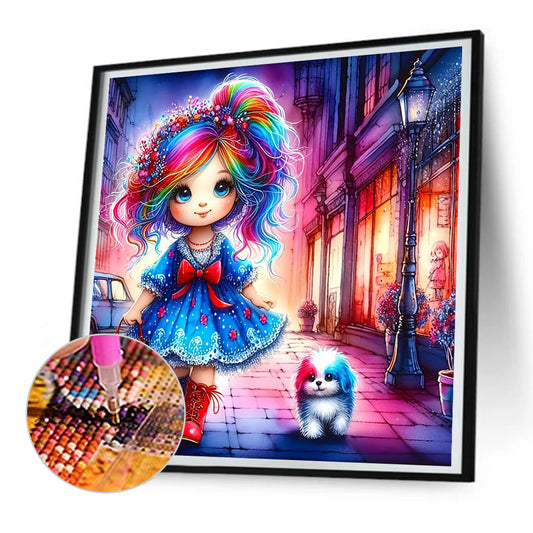 Colorful Hair Girl And Colorful Puppy - Full Round Drill Diamond Painting 30*30CM