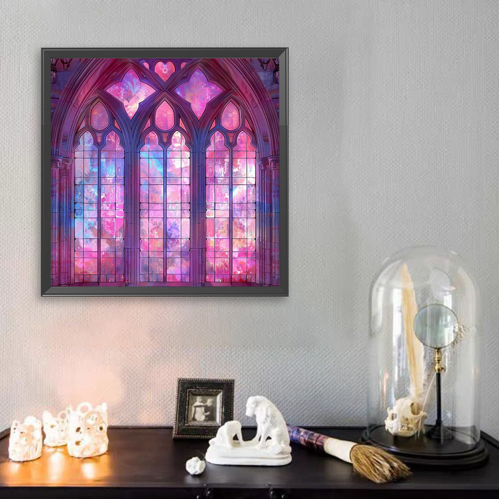 Pink Flower Window - Full AB Round Drill Diamond Painting 40*40CM