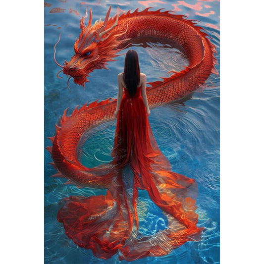 Dragon And Red Skirt Girl - Full AB Round Drill Diamond Painting 40*60CM