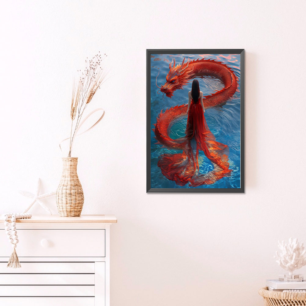 Dragon And Red Skirt Girl - Full AB Round Drill Diamond Painting 40*60CM