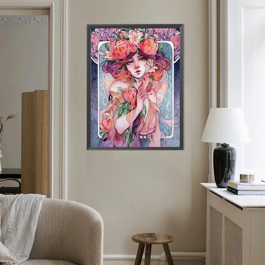 Pink Flower Girl - Full Round Drill Diamond Painting 40*50CM