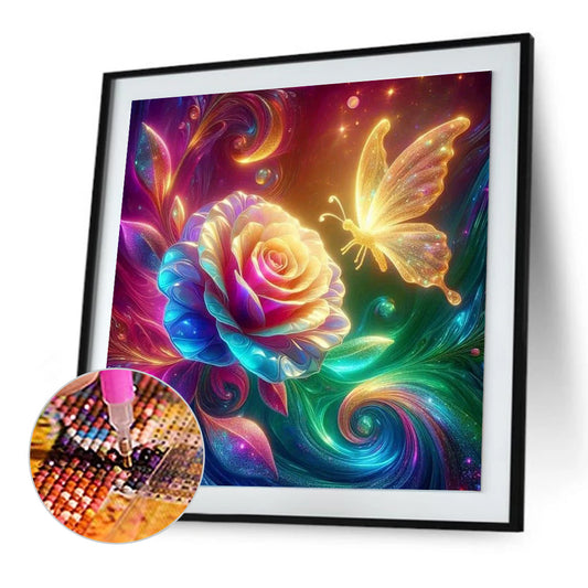 Rose And Glowing Butterfly - Full Round Drill Diamond Painting 30*30CM