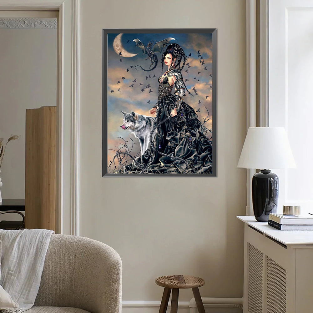 Moon Cool Girl And Wolf - Full Round Drill Diamond Painting 40*50CM
