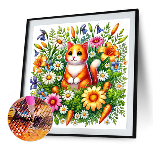 Cat In The Flowers - Full Round Drill Diamond Painting 40*40CM