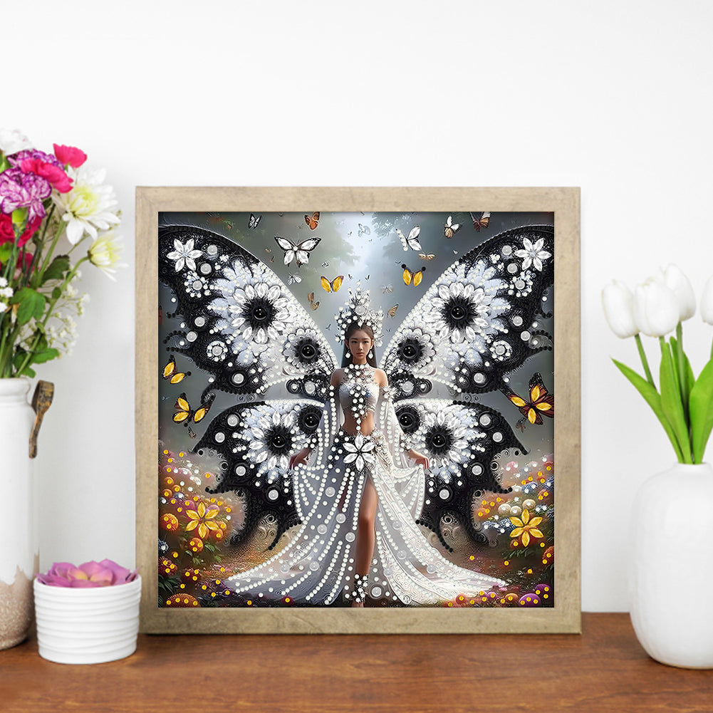 White And Black Butterfly Girl - Special Shaped Drill Diamond Painting 30*30CM