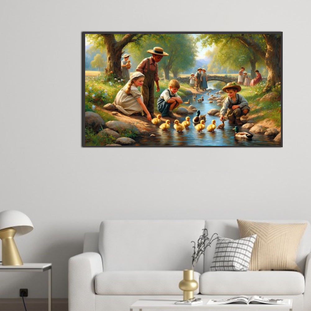 Children Playing With Ducks By The Stream - Full Square Drill Diamond Painting 70*40CM