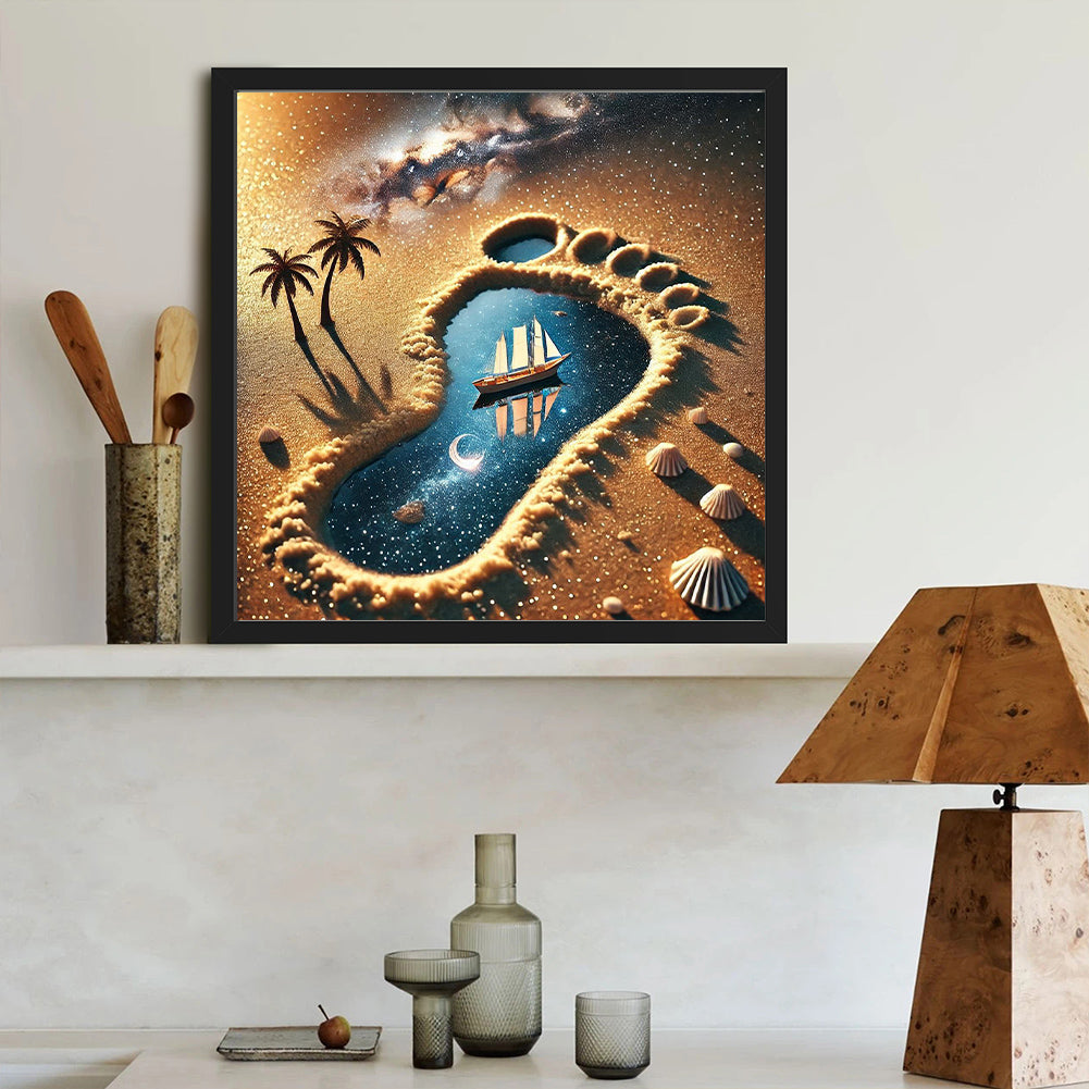 Desert Footprints, Starry Sky, Sailboat - Full Round Drill Diamond Painting 40*40CM