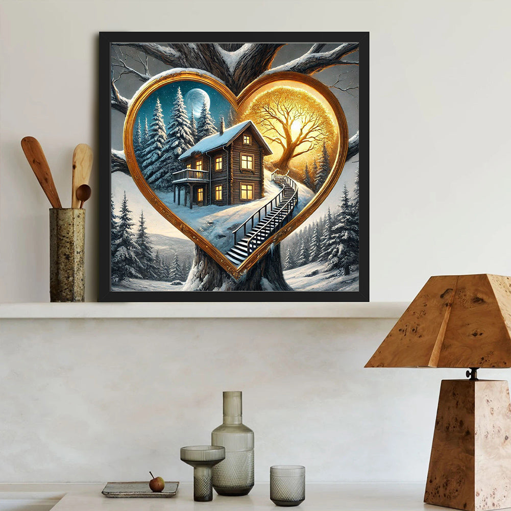 Love Tree Hole, Snowy Night, House - Full Round Drill Diamond Painting 40*40CM