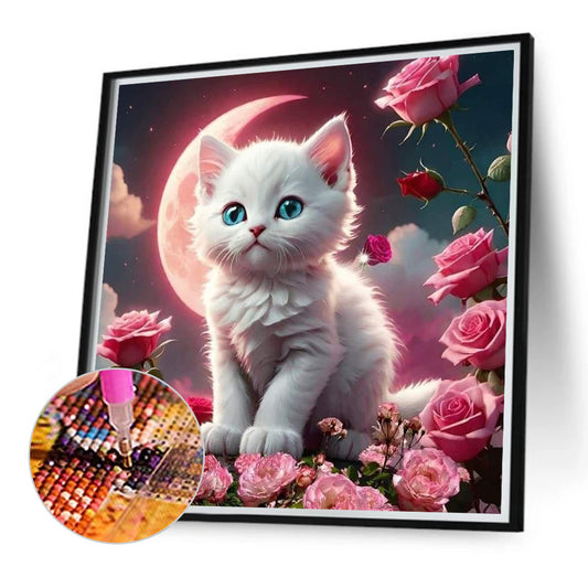 Blood Moon, White Cat - Full Round Drill Diamond Painting 40*40CM