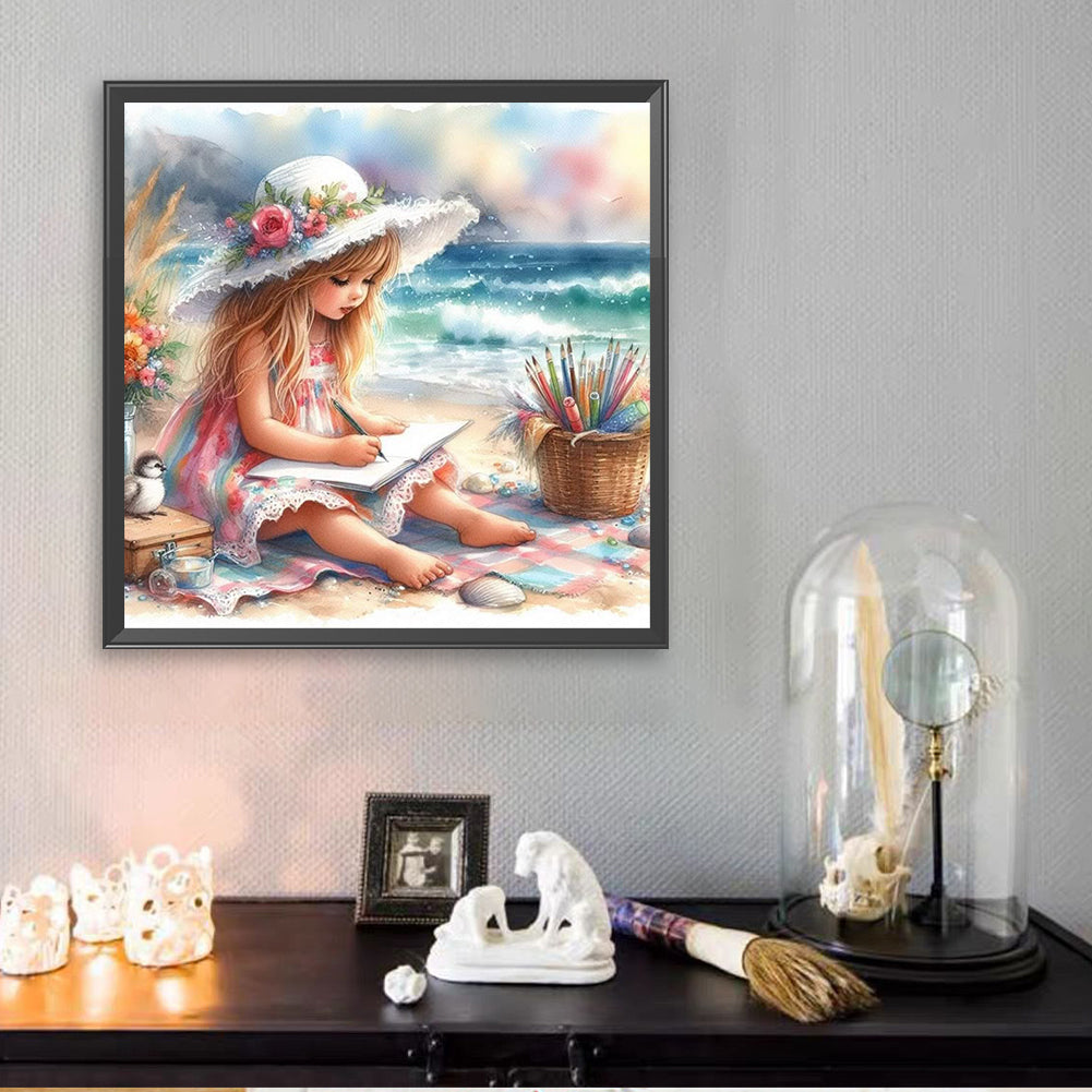 Little Girl Playing On The Beach In Summer - Full Square Drill Diamond Painting 30*30CM