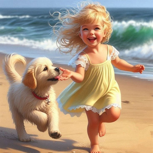 Little Girl Playing On The Beach In Summer - Full Square Drill Diamond Painting 30*30CM