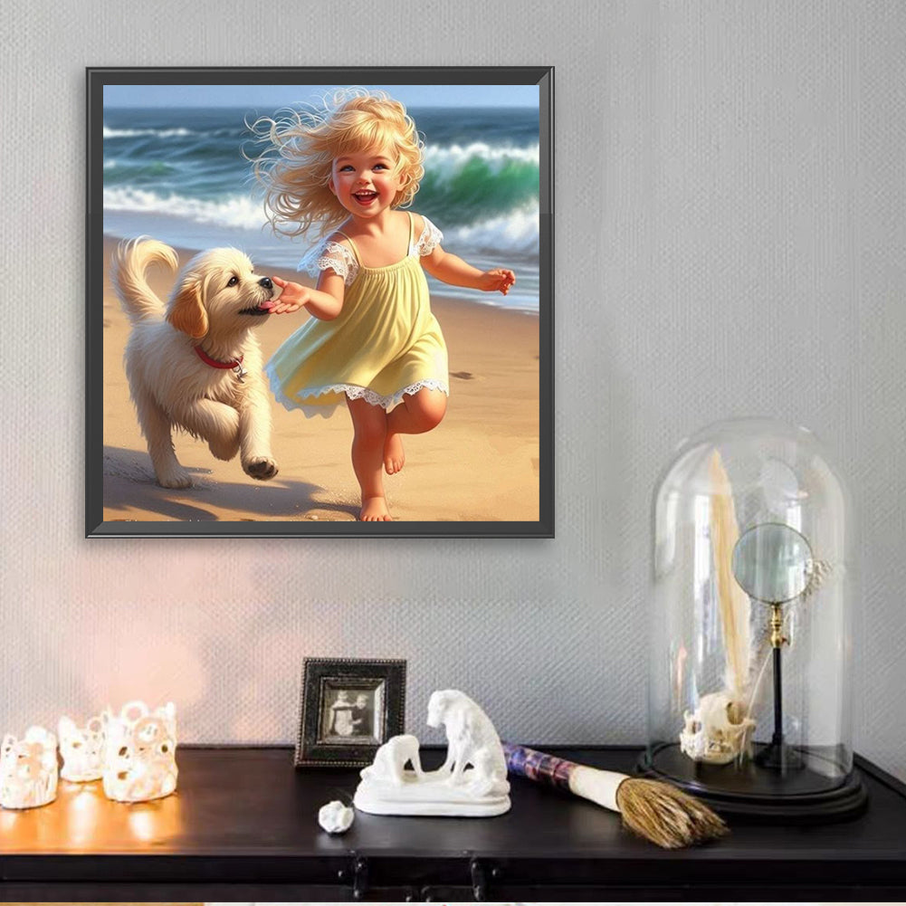 Little Girl Playing On The Beach In Summer - Full Square Drill Diamond Painting 30*30CM