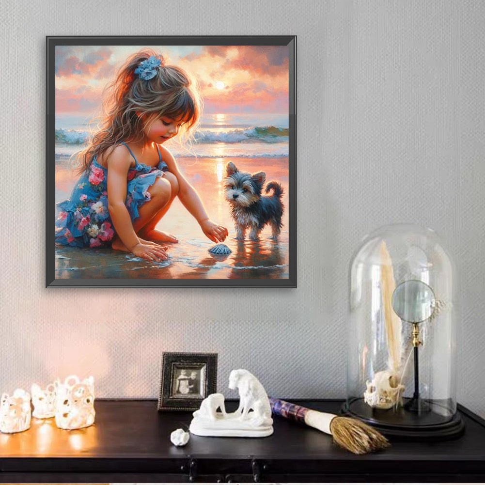 Little Girl Playing On The Beach In Summer - Full Square Drill Diamond Painting 30*30CM