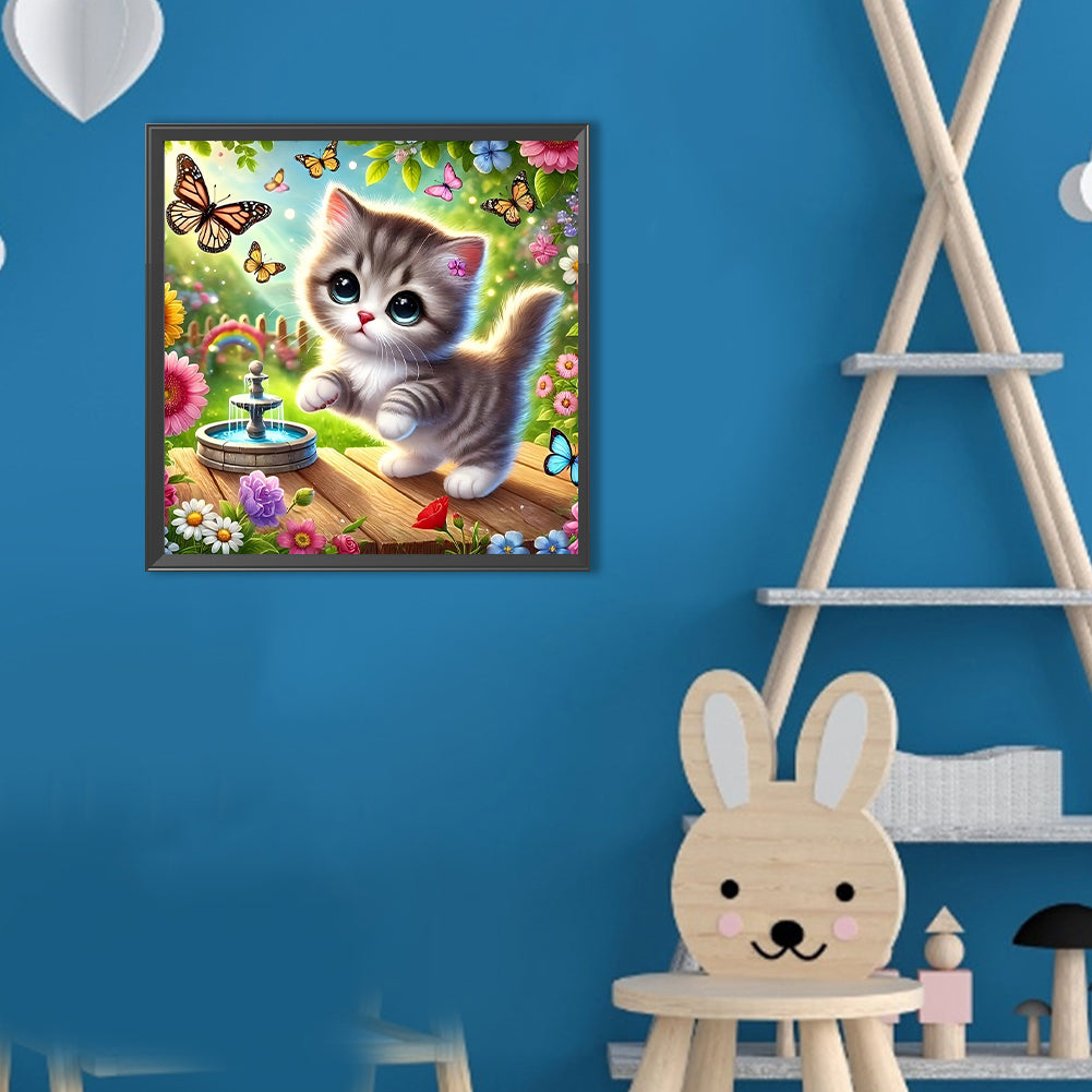 Flower Butterfly Kitten - Full Round Drill Diamond Painting 30*30CM