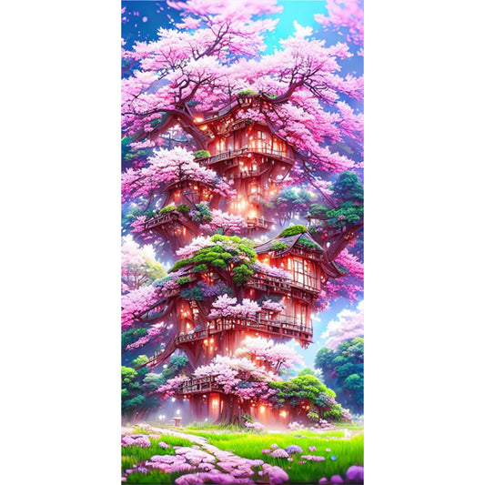 Cherry Tree House - Full AB Round Drill Diamond Painting 40*80CM