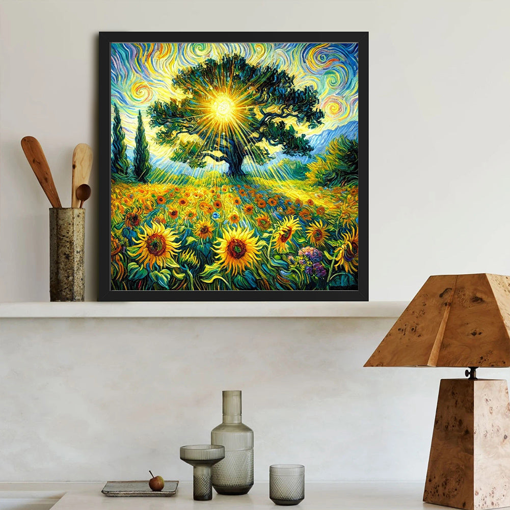 Landscape Painting Of Tree Of Life Sunflower Field - Full Round Drill Diamond Painting 40*40CM