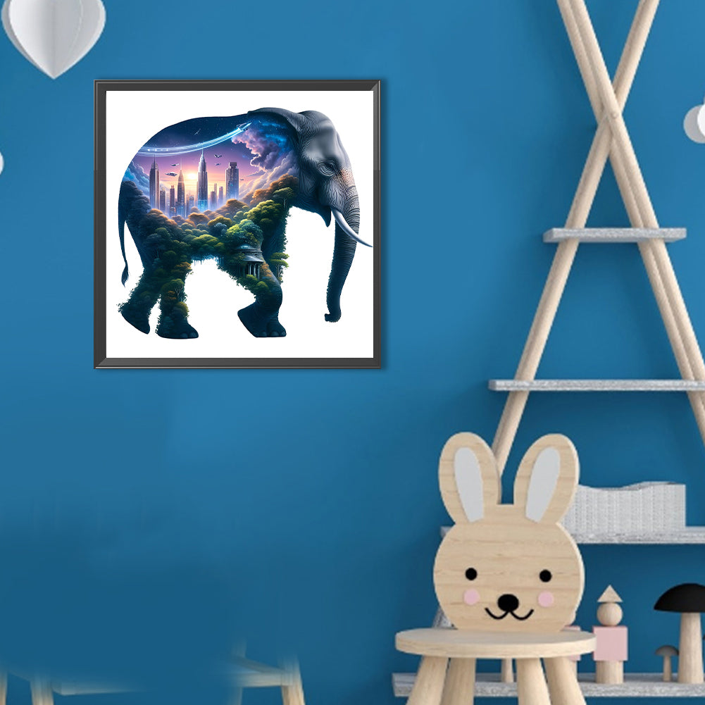 Elephant And High-Rise - Full Round Drill Diamond Painting 30*30CM