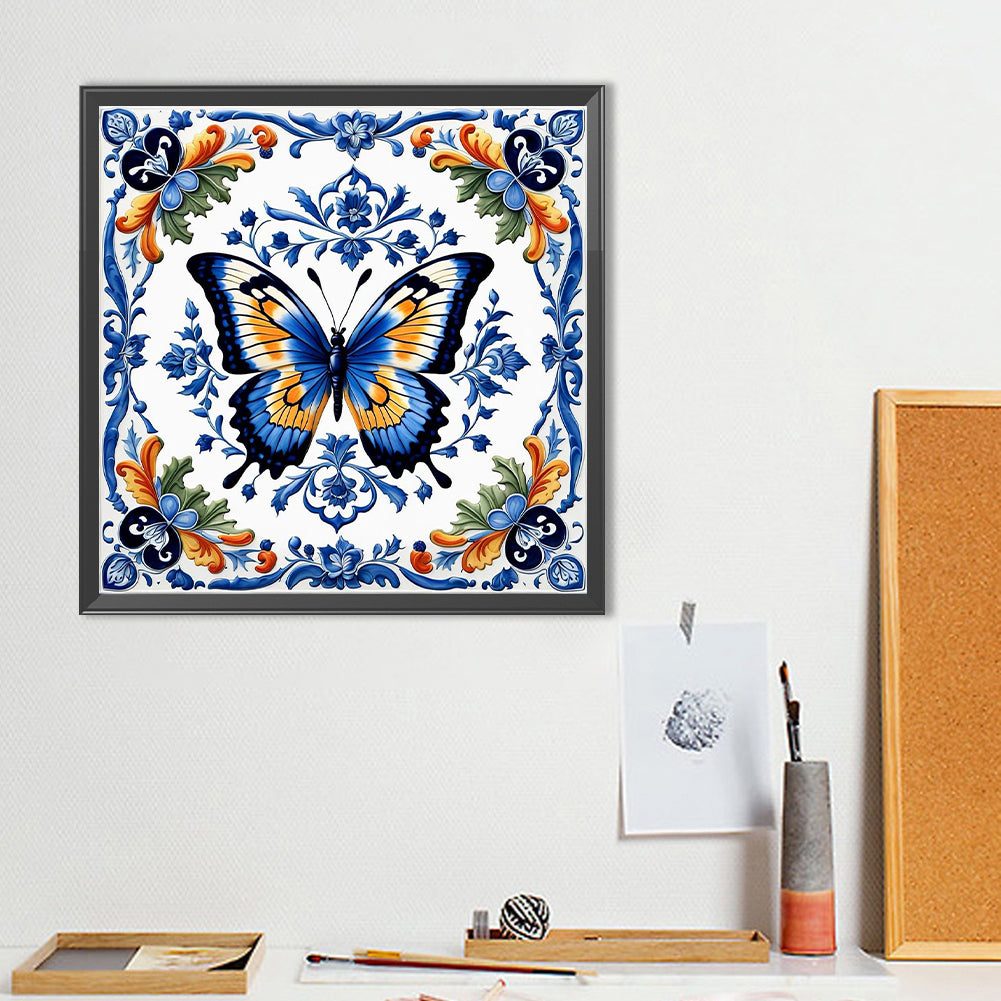 Blue And White Porcelain Style Butterfly - Full Round Drill Diamond Painting 40*40CM