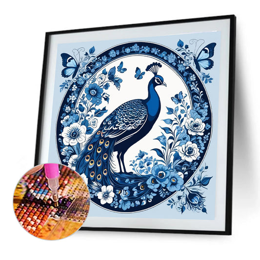 Blue And White Porcelain Style Peacock - Full Round Drill Diamond Painting 40*40CM
