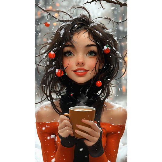 Girl Drinking Coffee In The Snow - Full AB Round Drill Diamond Painting 40*70CM