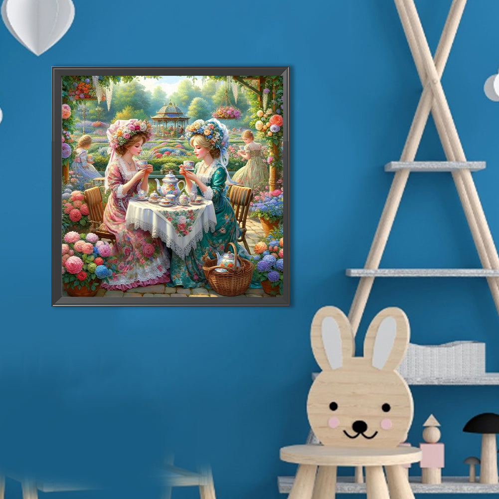 Girl Drinking Tea In The Garden - Full Round Drill Diamond Painting 40*40CM